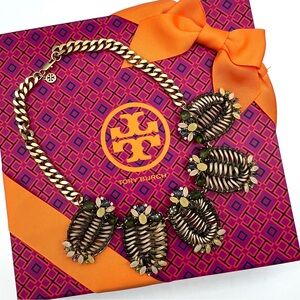 Tory Burch Raffia Woven Statement Necklace • Crystal & Stone Accents • NIB